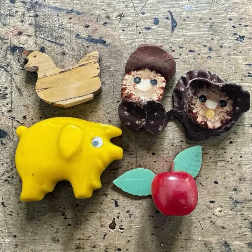 Vintage Fridge Magnets Pig, Apple, Wood Duck, Fabric Dolls Set